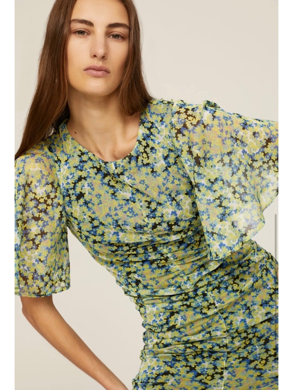 Saunders Collective Ruched Mesh Floral Dress Size 12 Green Blue Sheath